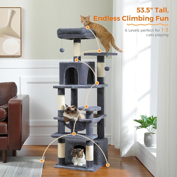 PAWZ Road Cat Tree, 53.5 Inches Tall Cat Tower with Spacious Hammocks, Condos and Scratching Posts, Cat House with Dual Padded Perches for Indoor Large Cats-Dark Gray-Mewly Pet