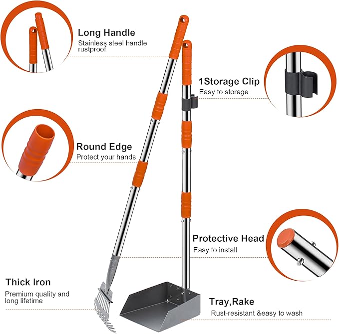 Niubya Pooper Scooper for Dogs, Metal Poop Scooper Tray and Rake Set with Adjustable Long Handle, Dog Pooper Scooper for Pet Waste Removal-Mewly Pet
