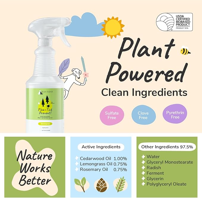 kin+kind Plant Based Flea and Tick Spray for Dogs and Cats – Essential Oil Formula with Lemongrass – Flea and Tick Prevention for Cats, Kittens, Puppies & Dogs - Pet Supplies - Family Safe – 32 fl oz-Mewly Pet