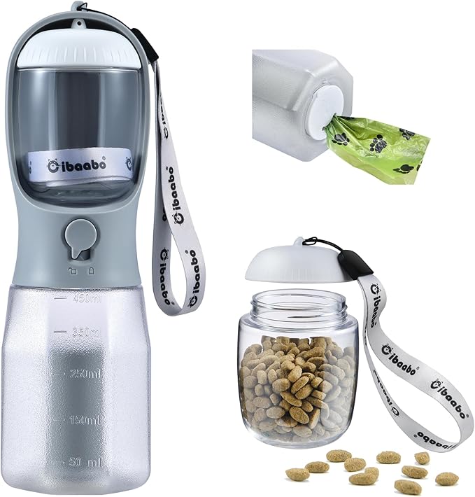 Dog Water Bottle with Food Container & Poop Bag Holder, Travel Water Bowl, Portable Pet Dispenser, Dog Stuff Accessories Items, Puppy Essentials Necessities for Yorkie Chihuahua Walking Hiking-Mewly Pet