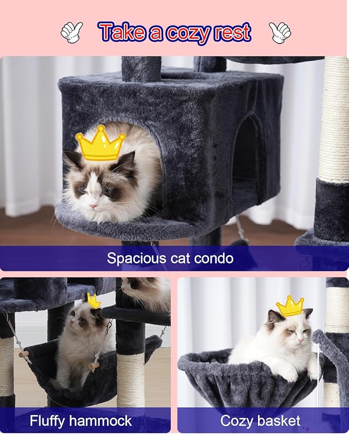 Cat Tree, Cat Tower for Large Cats with 2 Big Platforms, 2 Baskets, condo and Toys, 63" Cat Scratching Posts for Indoor Cats, Smoky Gray GCT020G-Mewly Pet