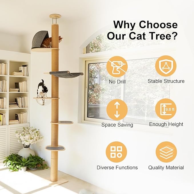 FUKUMARU Floor to Ceiling Cat Tree, 6 Level Adjustable Height (5.7-9.8 ft) Climbing Tower with Thickened Scratching Posts, Cats Activity Center with Transparent Capsule and Cozy Hammock-Mewly Pet