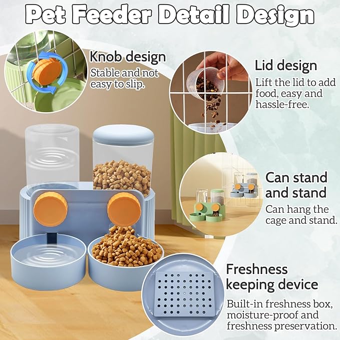 kathson Automatic Rabbit Food and Water Dispenser for Cage, Auto Gravity Bunny Feeder and Water Set Hanging Small Animal Feeding & Watering Supplies for Guinea Pig Ferret Puppy Kitten (Blue)-Mewly Pet