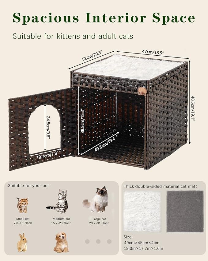 Cat Beds for Indoor Cats Extra Large Double Cat Cave Pet Cube, Handwoven Rattan Cat Houses with Double-Sided Soft Cushions, 18.5 x 20.5 x 19.1 Inches Foldable Hideaway in Living Room Brown-Mewly Pet