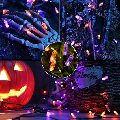 LYHOPE Orange Purple Halloween Lights Indoor, 33ft 100 LED Battery Halloween Light with 8 Mode, Timer, Waterproof Battery Operated String Lights for Home Tree Wreaths Party Yard Outdoor Holiday Decor