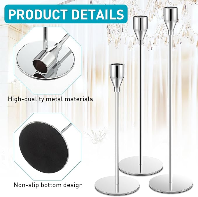 Set of 18 Tall Candlestick Holders Thin Metal Taper Candle Holders for Table Centerpiece Modern Decorative Pillar Candle Sticks Stand for Home Wedding Christmas Decoration(Silver)
