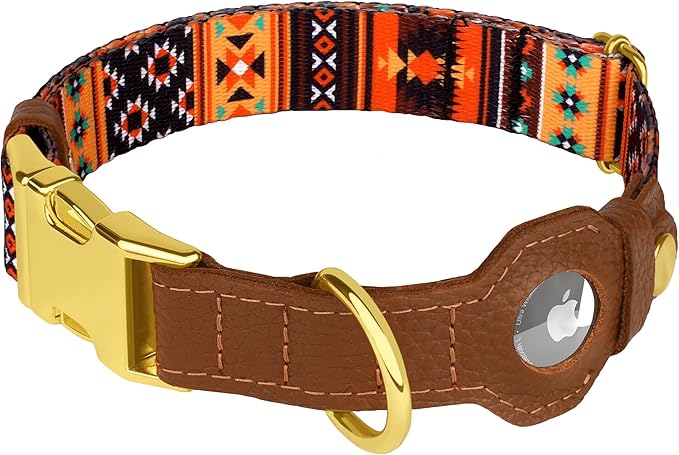 AirTag Dog Collar for Small Medium Large Breed - Adjustable Cute Pattern Dog Collar with Airtag Holder - Soft Leather Tracker GPS Apple Air Tag Pet Collars (Small, 12"-15" Neck Fit, Western)-Mewly Pet