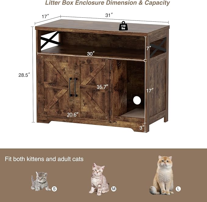 Cat Litter Box Enclosure, Hidden Litter Box Furniture with Scratch Pad, Farmhouse Indoor Cat House Washroom End Table, Rustic Brown-Mewly Pet