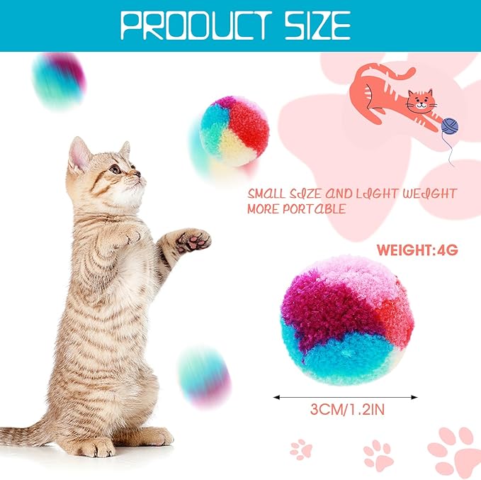 1.2 in Colorful Cat Pom Pom Ball Toys, 20 Pcs Rainbow Cat Toy Balls Soft Plush Cat Ball Interactive Training Ball for Indoor Cats & Kittens-Mewly Pet