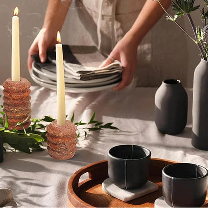WORHE Candle Holders Italy True Natural Travertine Stone 0.4" Thick Set of 2 Marble Candlestick Holder for Christmas Wedding Dinning Party for 3/4 inch Candles Color Red (WH025)