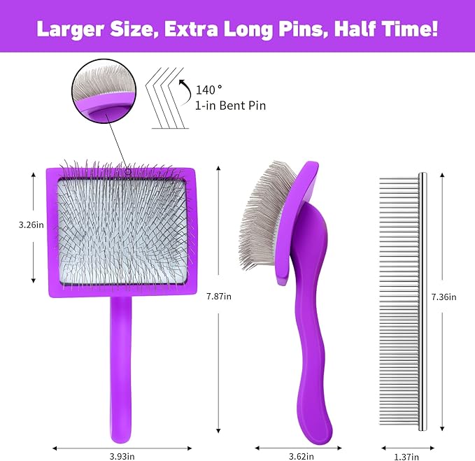 Dog Slicker Brush for Shedding and Grooming Medium or Long Haired Cats, Extra Long & Soft Pin Slicker Brush for Removes Loose Hair, Tangles, Knots, Undercoat, Free Pet Comb, Large Purple-Mewly Pet