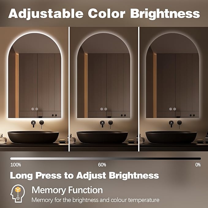 Niccy Arched LED Bathroom Mirror, 40x24 Inch Arch Frameless Backlit Mirrors for Wall Arched Lighted Vanity Mirrors Defogger and 3 Color, Explosion-Proof, HD Glass and IP65 Waterproof