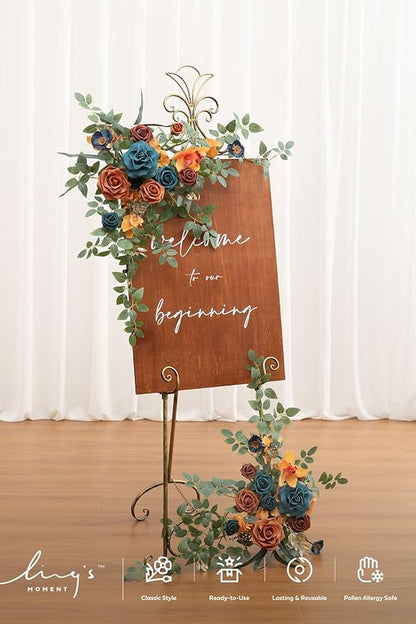 Ling's moment 2pcs Wedding Flowers Garland Artificial Floral Swag Arch Decorations Greenery Arrangements Orange & Teal Ceremony Reception Garden Easel Wall Entryway Outdoor Board(NOT Include Sign)