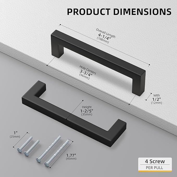 goldenwarm 150 Pack 3-3/4 Inch Black Cabinet Handles Matte Black Drawer Pulls Stainless Steel Cabinets Hardware Square Bar Modern for Kitchen Bathroom Cupboard