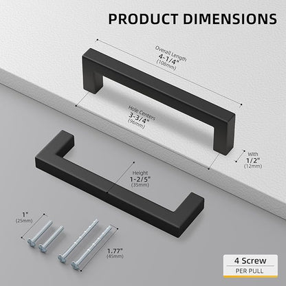 goldenwarm 200 Pack 3-3/4 Inch Black Cabinet Handles Matte Black Drawer Pulls Stainless Steel Cabinets Hardware Square Bar Modern for Kitchen Bathroom Cupboard