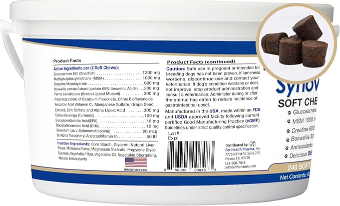 Synove Max Soft Chews for Dogs (240 Count) Beef Flavor, Joint Supplement, Glucosamine, Turmeric, Boswelllia serrata, Creatine Naturally Derived Ingredients better than synovi g4 soft chew-Mewly Pet