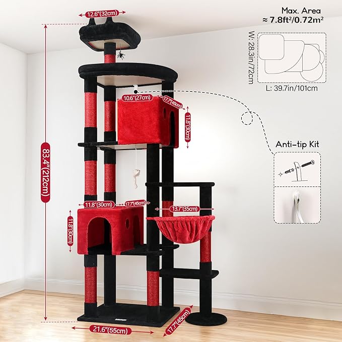 Globlazer Gohtic Giant Cat Tree, 83 inch Goth Cat Tree for Indoor Cats Large Adult, XXL Cat Tower with 9 Scratching Posts for 20lb+ Heavy Duty Large Adult Cats, F83, Blood-Goth-Mewly Pet