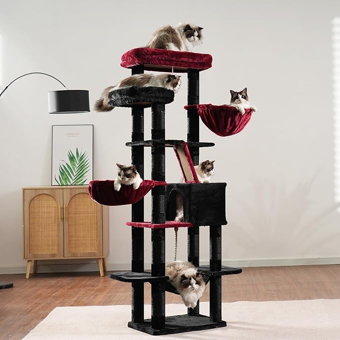 Heybly Cat Tree, 68 inch Multi-Level Cat Tower for Indoor Cats, 2 Widened Plush Perches Cat Condo with Scratching Board and Big Caves, Black and Red HCT025BR-Mewly Pet