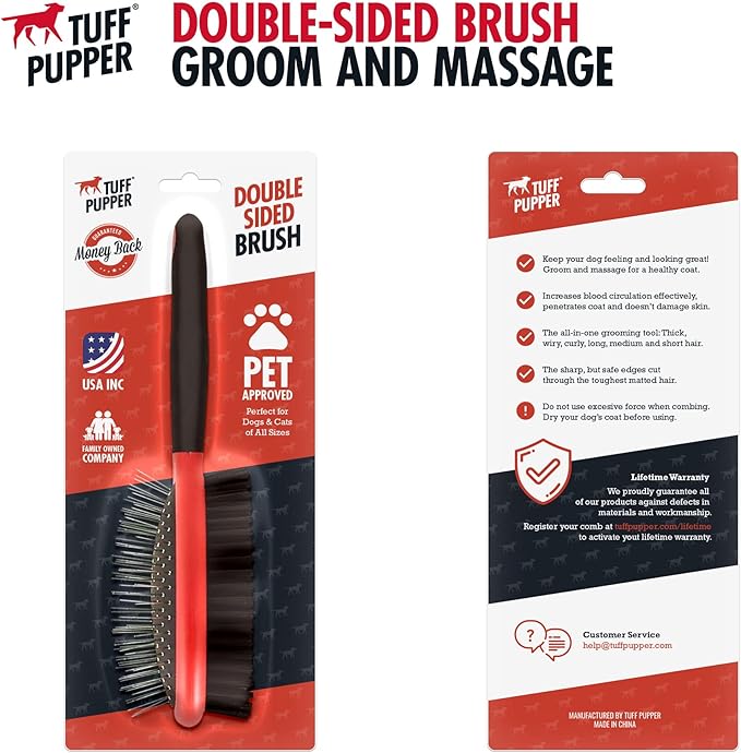 Tuff Pupper Double Sided Dog Brush, Detangling Tool for Dogs and Cats, Pin & Bristle Pet Brush, for and Hair Types, With Comfort-Grip Anti-Slip Handle, Brown, Black, White-Mewly Pet
