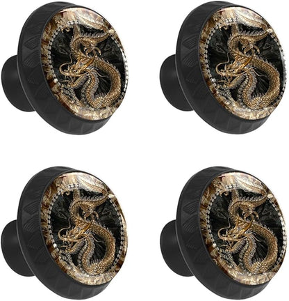 4 Pack Cabinet Knobs Taditional Golden Dragon Drawer Pulls Crystal Glass Round Knobs Handles for Dressers Drawer Bathroom Kitchen Cupboards Wardrobes Hardware Furniture Knobs