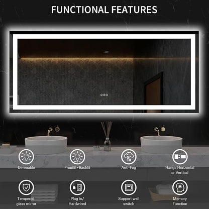 LOAAO 60X28 LED Bathroom Mirror with Lights, Anti-Fog, Dimmable, Backlit + Front Lit, Lighted Bathroom Vanity Mirror for Wall, Memory Function, Tempered Glass, ETL Listed