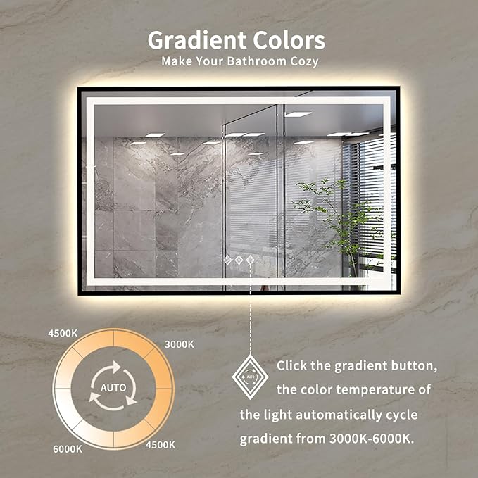 LED Bathroom Mirror, 55x36 Inch Black Framed Gradient Front and Backlit LED Mirror, 3 Colors Dimmable CRI>90, Enhanced Anti-Fog Wall Mounted Smart Mirror
