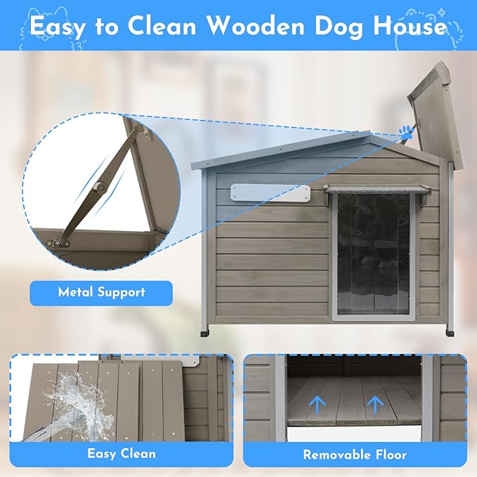Outdoor Dog House Weatherproof Large Wooden Dog Kennel Indoor for Small Dogs with Chew-Proof Frame, Oxford Fabric Window, Removable Floor Pet Shelter (Grey, 40.1" D x 26.4" W x 28" H)-Mewly Pet