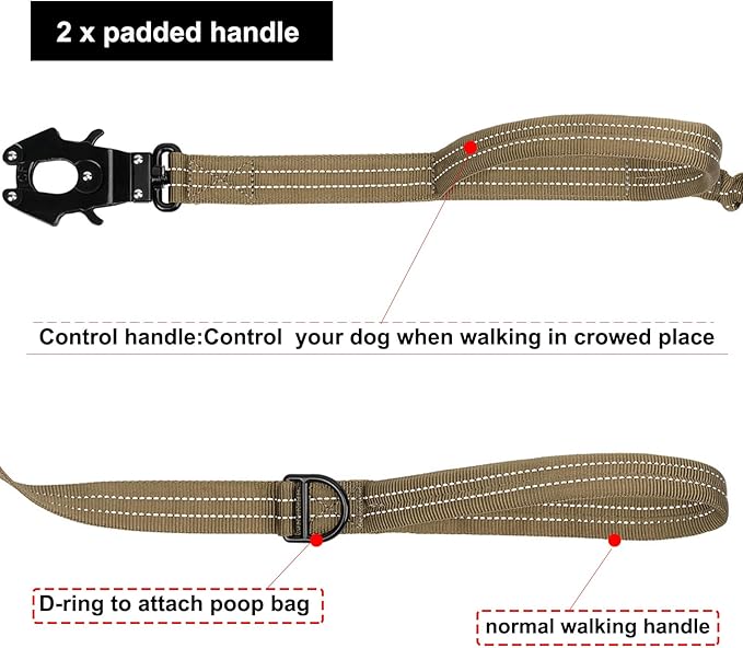 ICEFANG Tactical Dog Leash,K9 Training Walking Bungee Lead with 2 Control Handle,Heavy Duty Quick Release Metal Clasp,Hands Free D-Ring for Medium Large Dogs (4ft,Reflective Brown)-Mewly Pet