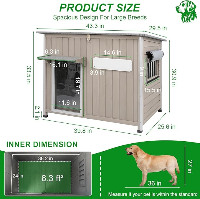 Dog House Outdoor Weatherproof & Wooden Dog Kennel with Chew-Proof Iron Frame，Removable Floor, Adjustable Vent Window, Easy Assembly for Large and Medium Dogs 43.3" D x 29.5" W x 33.5" H-Mewly Pet