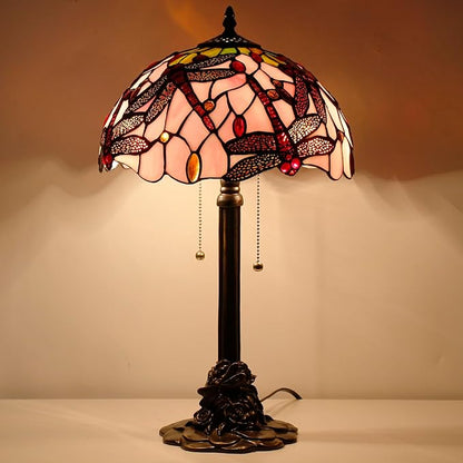 Tiffany Stained Glass Table Lamp 12X12X21Inch Resin Base Desk Bedroom Living Room Reading Light (Pink Dragonfly)