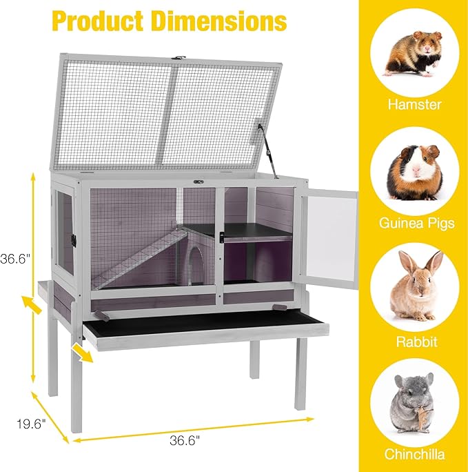 AIVITUVIN Wooden Guinea Pig Cage Indoor with Cooling Plate and Anti-Chewing Edges Two-Story Rabbit Hutch Pull Out Tray Outdoor Rabbit Cage with Raised Stand and Wire Mesh Small Animals Cage (Grey)-Mewly Pet