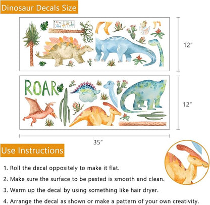 Yovkky Watercolor Dinosaur Nursery Wall Decals, Large Peel and Stick Dino Tropical Plant Stickers Cactus Palm Leaf Decor, Home Kitchen Decorations Boy Girl Kid Baby Toddler Bedroom Playroom Art Gift