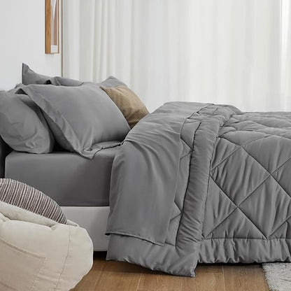 Love's cabin California King Comforter Set Grey, 7 Pieces California King Bed in a Bag, All Season Bedding Sets with 1 Comforter, 1 Flat Sheet, 1 Fitted Sheet, 2 Pillowcase and 2 Pillow Sham