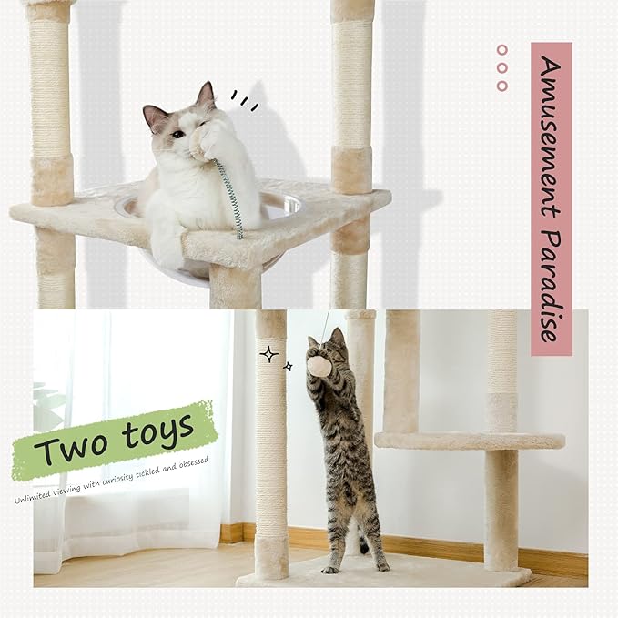 PEQULTI Floor to Ceiling Cat Tree 92.9’’-101.6’’ Height Adjustable Cat Tower Tall Kitty Climbing Play House with Scratching Posts, Cozy Condo, Perches and Large Hammock for Indoor Cats Beige-Mewly Pet