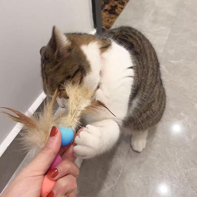 Cat Toys Balls with Feathers, 3 Pcs Interactive Cat Bouncy Balls for Indoor Cats and Playful Kittens, Rubber Kitten Ball Toys for Interactive Playing, Chase Training and Hunting Exercise-Mewly Pet