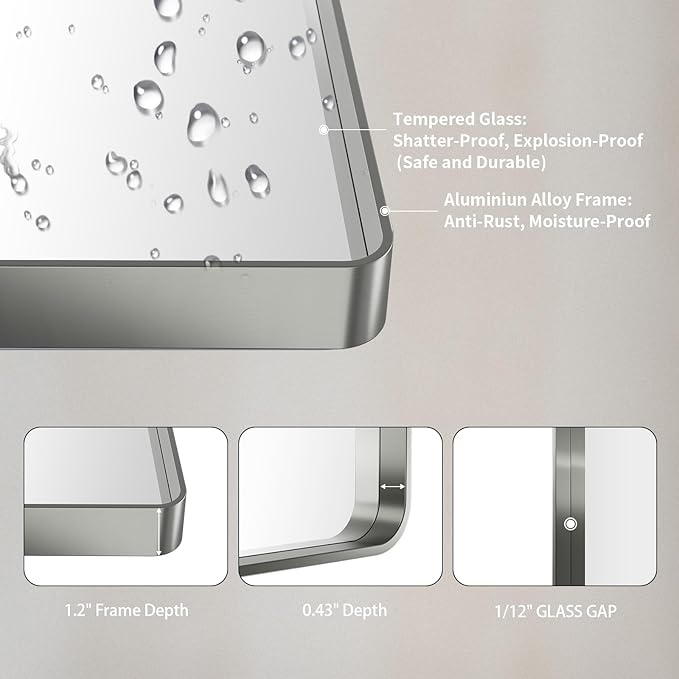 LOAAO 40X30 Inch Brushed Nickel Bathroom Mirror, Rounded Rectangle Silver Metal Frame Mirror, Brushed Nickel, Anti-Rust, Shatter Proof, Hangs Horizontally or Vertically