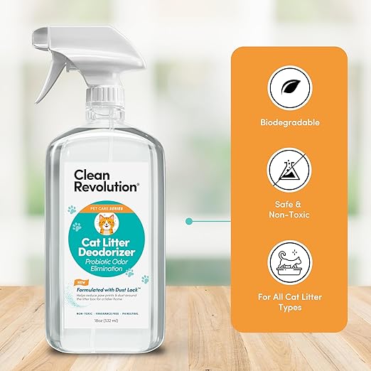 Clean Revolution Cat Litter Deodorizer Spray – 18oz, Probiotic Odor Elimination with DustLock™, Fragrance-Free, Extends Litter Life, Non-Toxic, Safe for All Cats, Made in USA-Mewly Pet