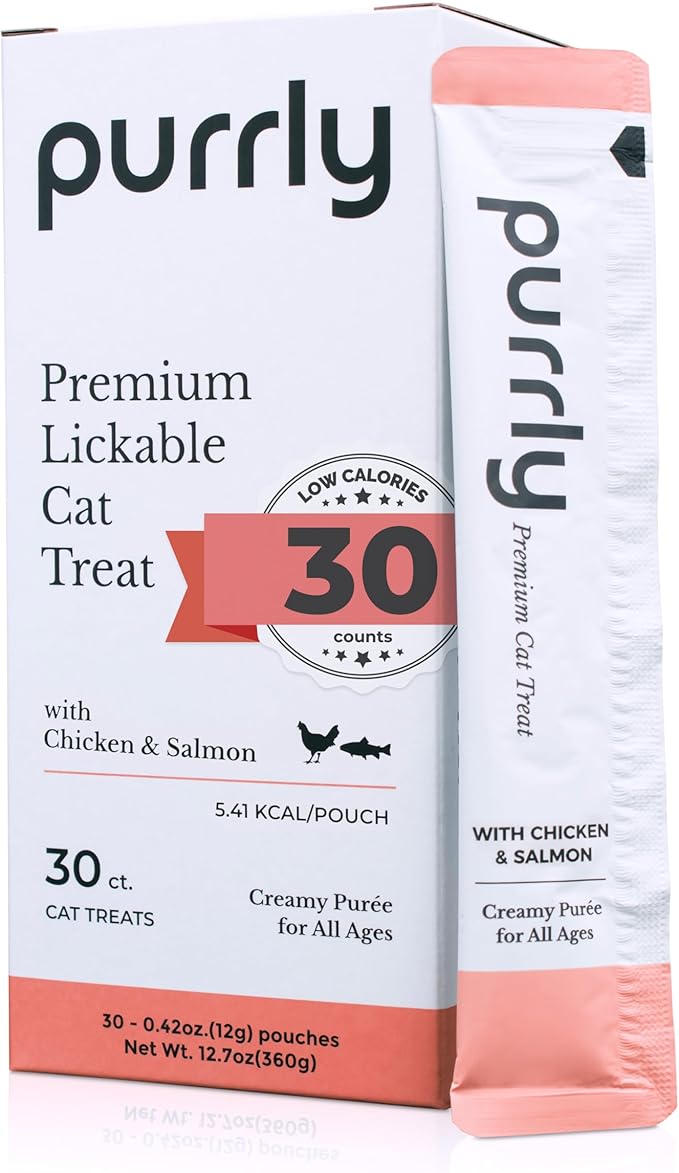 Purrly Hydrating Wet Cat Treat Snack Topper Creamy Purée Human-Grade Chicken Breast & Salmon with Omega-3 & 6 for Skin & Coat (30 Count) Healthy Lickable Squeeze Soft Snack-Mewly Pet