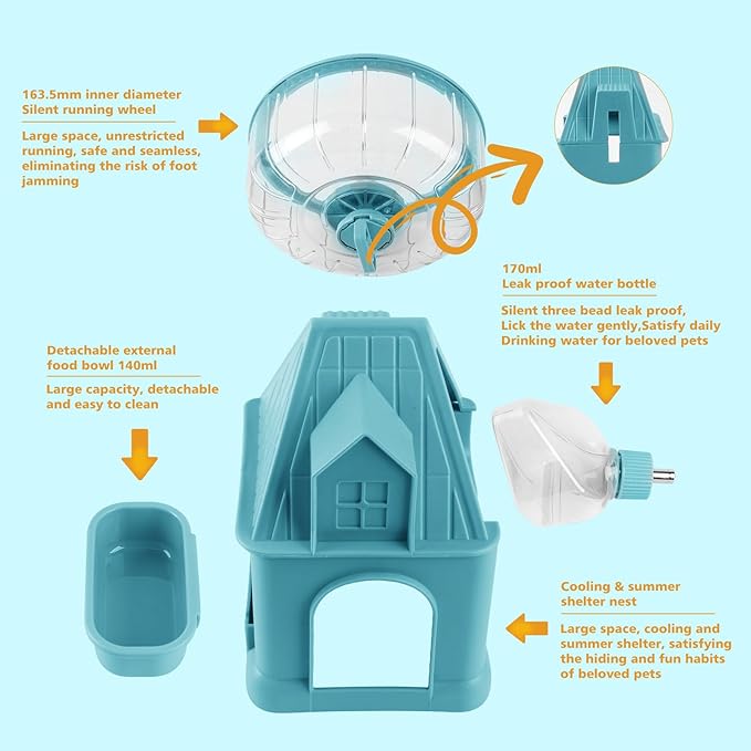 4 in 1 Silent Large Hamster Wheel Multifunctional Hamster Running Wheel Quite Running Spinner Wheel Accessories with Food Bowl Water Bottle for Hamsters Dwarf Gerbil (Blue)-Mewly Pet