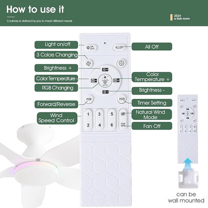 Ceiling Fans with Lights Remote/APP Control, 38" Low Profile Ceiling Fans with Dimmable White Colors+Ring RGB Lights, 6 Speeds 5 Reversible Blades for Kids Room Bedroom Living Room, White