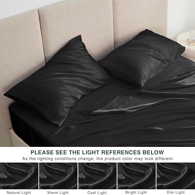 Love's cabin Twin Satin Sheets Sets - 3 Piece Black Silky Bed Sheets with Deep Pockets, Luxury Silk Feel Satin Twin Size Sheet Set Bedding Set (1 Flat Sheet,1 Fitted Sheet,1 Pillow case)