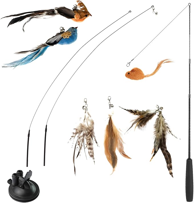 Interactive Bird Simulation Cat Feather Toy Set Cat Retractable Wand Toys Suction Cups Base,Include Detachable 7 Pcs Replacements Feathers Toys-Mewly Pet
