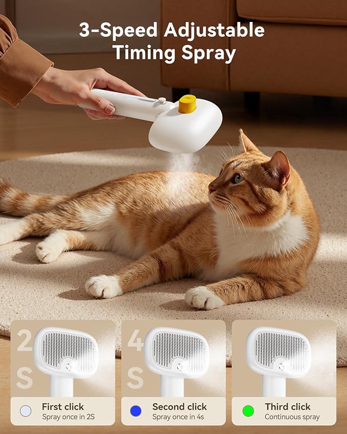 ROJECO 3-in-1 Pet Steam Brush for Cats&Dogs-Pet Spray Hair Removal Detangling Comb with Adjustable Mist,Handheld Deshedding Grooming Tool for Long/Short Hair,Massage Brush & Shedding Control,Cordless-Mewly Pet
