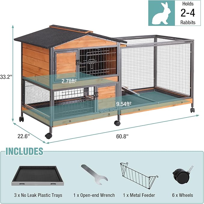 2-Story Rabbit Cage with Chew-Proof Metal Frame for Indoor/Outdoor - 62" Bunny Hutch Guinea Pig Cages with 6 Locking Wheels & 2 Removable Trays for Rabbits/Guinea Pigs-Mewly Pet