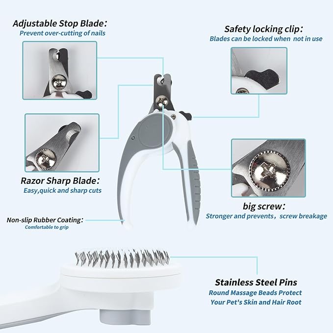 2PCS Pet Grooming Kit，Cat Brushes、Cat Nail Clipper，Cat Grooming Brush for Sedding and Grooming Fur（Grey）-Mewly Pet