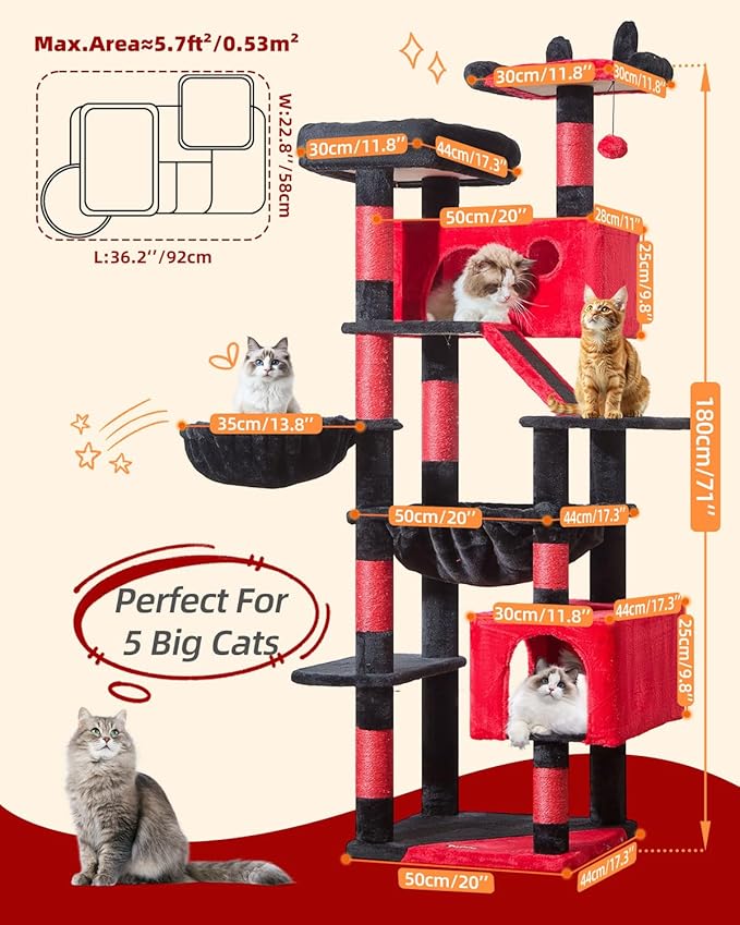 Taoqimiao Gothic Cat Tree 71-Inch, Cat Tower for Indoor Cats Large Adult, Multi-Level Large Cat Condo, 8 Sisal Scratching Posts, Metal Frame Cozy Hammock, Scratch Board, 2 Top Perches, MS026LBR-Mewly Pet