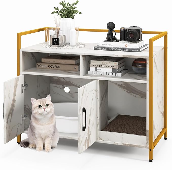 Tangkula Litter Box Enclosure, Modern Cat Litter Box Furniture with Metal Frame, Scratching Board, Storage Compartment, Hidden Cat Washroom (Marble White)-Mewly Pet