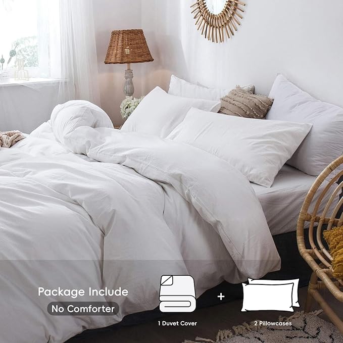 MooMee Bedding Duvet Cover Set 100% Washed Cotton Linen Like Textured Breathable Durable Soft Comfy (Solid Off White, Palatial King/Oversized King 120"x98")