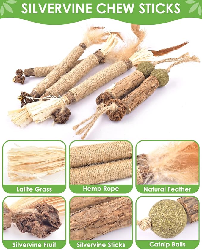 TINDTOP Catnip Chew Toys for Cats, 12 Pack Natural Silvervine Sticks for Kittens Teeth Cleaning, Matatabi Dental Care, Increase Appetite, Calm Cat Anxiety and Stress, Aggressive Chewers Cat Dental Toy-Mewly Pet