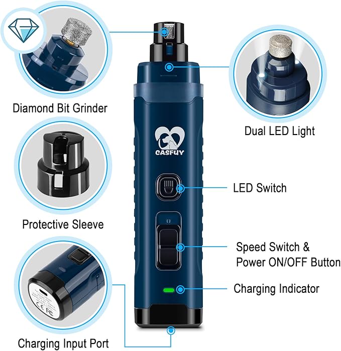 Casfuy Dog Nail Grinder with 2 LED Light - 4.8V Super Powerful 2-Speed Electric Pet Nail Trimmer for Medium Large Dogs Quiet Rechargeable Painless Paws Grooming & Smoothing Tool (Dark Blue)-Mewly Pet
